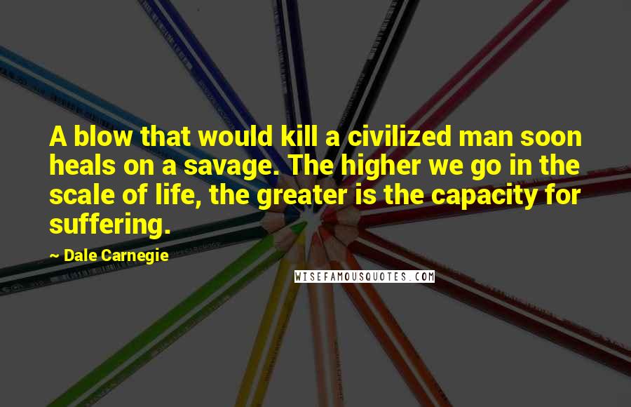 Dale Carnegie Quotes: A blow that would kill a civilized man soon heals on a savage. The higher we go in the scale of life, the greater is the capacity for suffering.