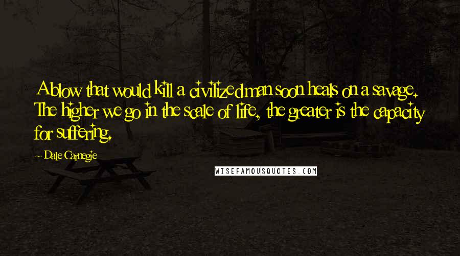 Dale Carnegie Quotes: A blow that would kill a civilized man soon heals on a savage. The higher we go in the scale of life, the greater is the capacity for suffering.