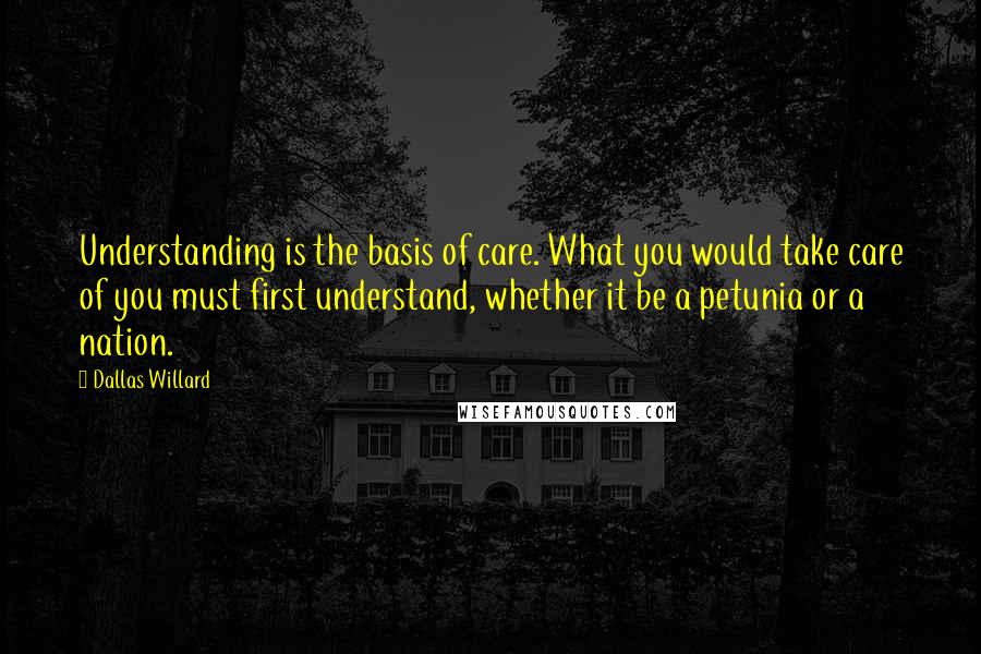 Dallas Willard Quotes: Understanding is the basis of care. What you would take care of you must first understand, whether it be a petunia or a nation.