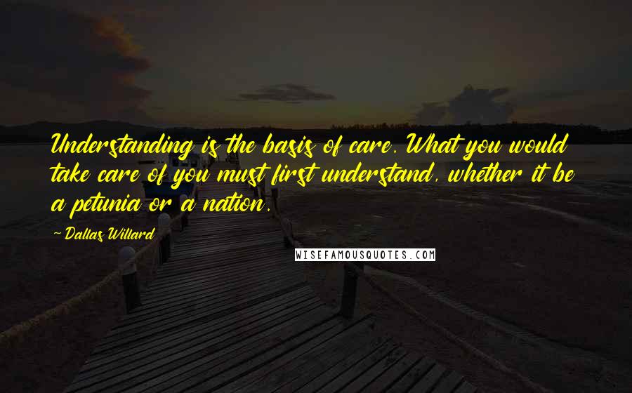 Dallas Willard Quotes: Understanding is the basis of care. What you would take care of you must first understand, whether it be a petunia or a nation.