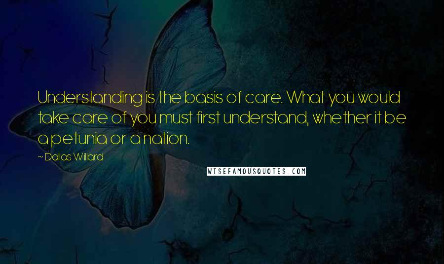 Dallas Willard Quotes: Understanding is the basis of care. What you would take care of you must first understand, whether it be a petunia or a nation.