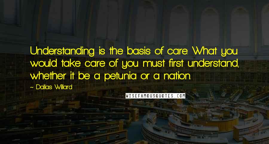 Dallas Willard Quotes: Understanding is the basis of care. What you would take care of you must first understand, whether it be a petunia or a nation.