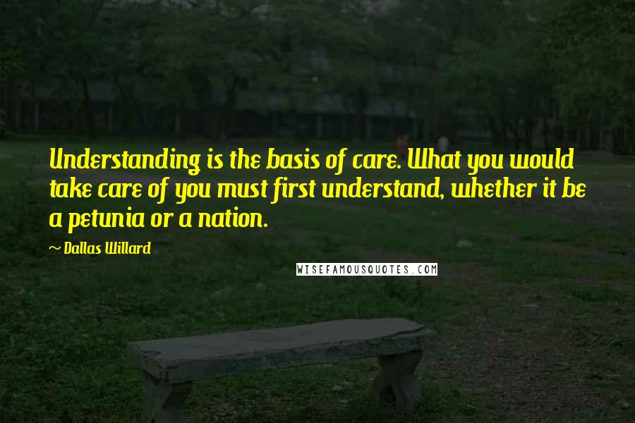 Dallas Willard Quotes: Understanding is the basis of care. What you would take care of you must first understand, whether it be a petunia or a nation.