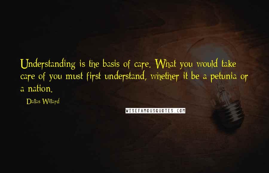 Dallas Willard Quotes: Understanding is the basis of care. What you would take care of you must first understand, whether it be a petunia or a nation.