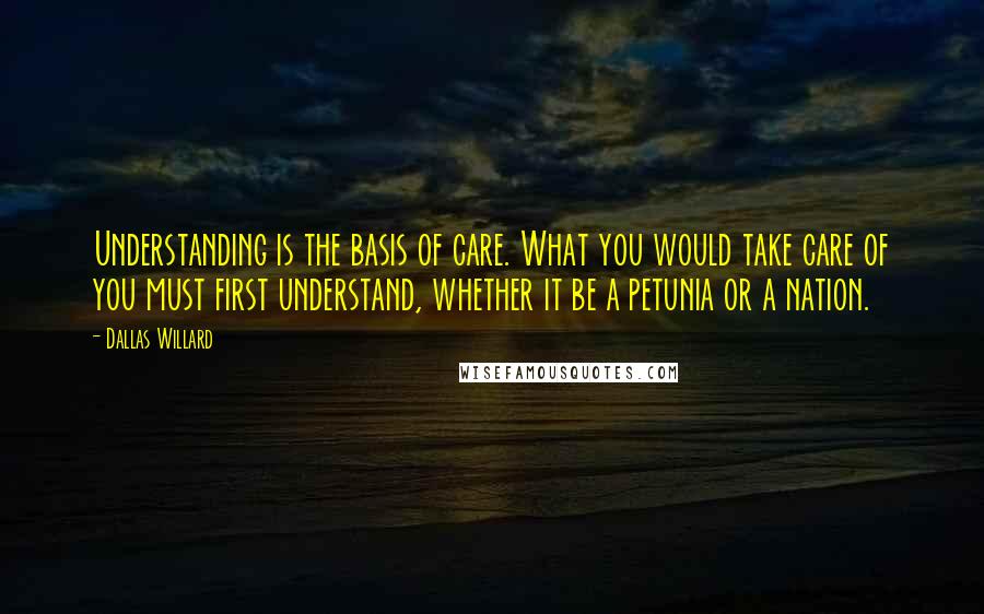 Dallas Willard Quotes: Understanding is the basis of care. What you would take care of you must first understand, whether it be a petunia or a nation.