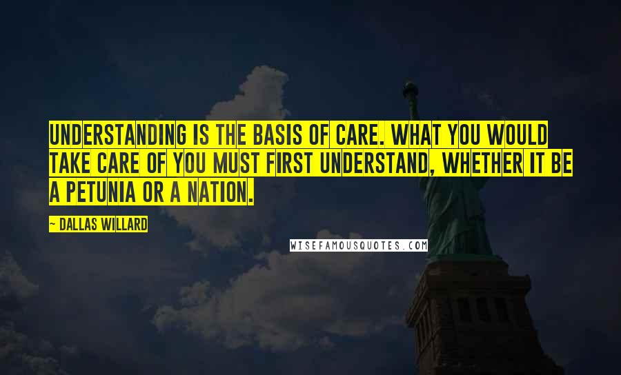 Dallas Willard Quotes: Understanding is the basis of care. What you would take care of you must first understand, whether it be a petunia or a nation.