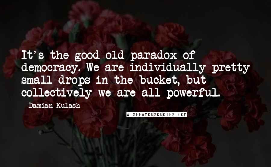 Damian Kulash Quotes: It's the good old paradox of democracy. We are individually pretty small drops in the bucket, but collectively we are all powerful.