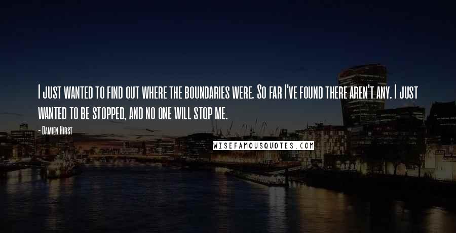 Damien Hirst Quotes: I just wanted to find out where the boundaries were. So far I've found there aren't any. I just wanted to be stopped, and no one will stop me.