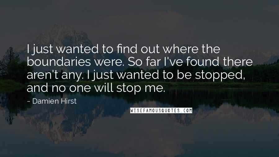 Damien Hirst Quotes: I just wanted to find out where the boundaries were. So far I've found there aren't any. I just wanted to be stopped, and no one will stop me.