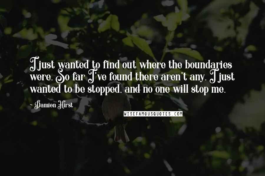 Damien Hirst Quotes: I just wanted to find out where the boundaries were. So far I've found there aren't any. I just wanted to be stopped, and no one will stop me.