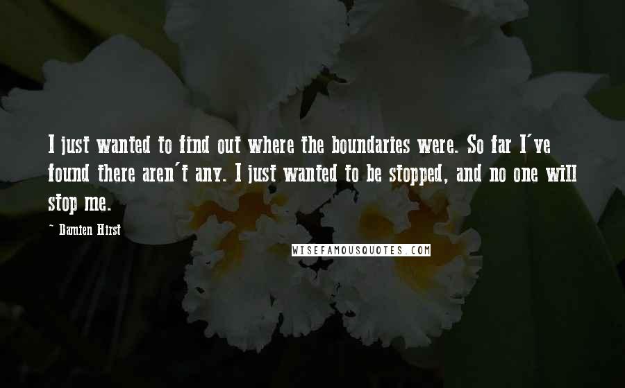 Damien Hirst Quotes: I just wanted to find out where the boundaries were. So far I've found there aren't any. I just wanted to be stopped, and no one will stop me.