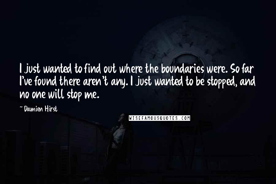 Damien Hirst Quotes: I just wanted to find out where the boundaries were. So far I've found there aren't any. I just wanted to be stopped, and no one will stop me.