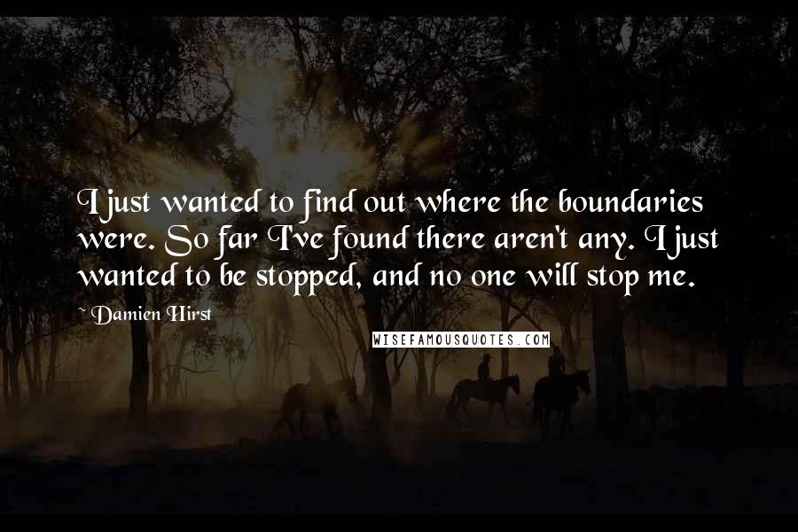 Damien Hirst Quotes: I just wanted to find out where the boundaries were. So far I've found there aren't any. I just wanted to be stopped, and no one will stop me.