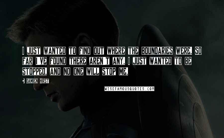 Damien Hirst Quotes: I just wanted to find out where the boundaries were. So far I've found there aren't any. I just wanted to be stopped, and no one will stop me.