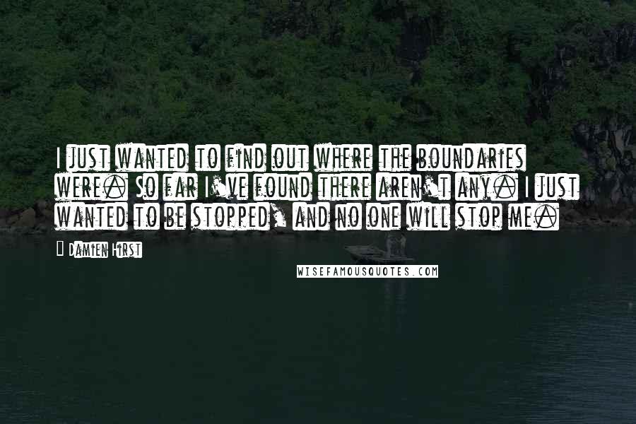 Damien Hirst Quotes: I just wanted to find out where the boundaries were. So far I've found there aren't any. I just wanted to be stopped, and no one will stop me.