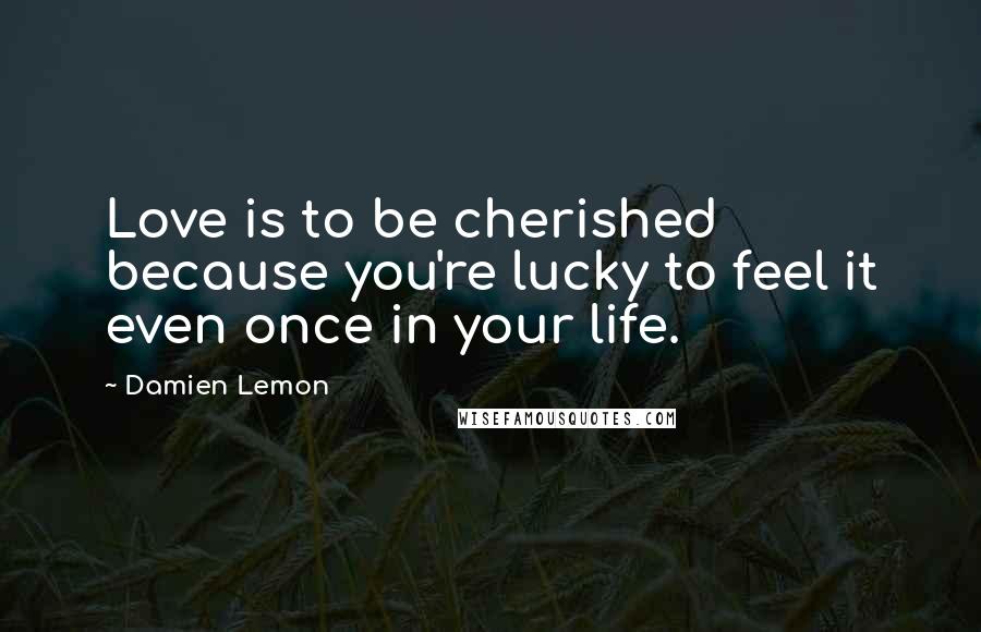 Damien Lemon Quotes: Love is to be cherished because you're lucky to feel it even once in your life.