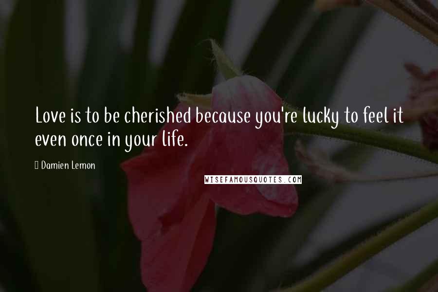 Damien Lemon Quotes: Love is to be cherished because you're lucky to feel it even once in your life.