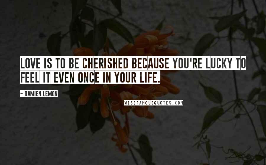 Damien Lemon Quotes: Love is to be cherished because you're lucky to feel it even once in your life.