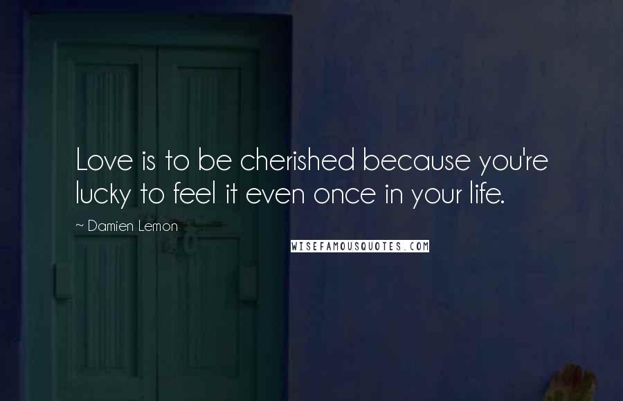 Damien Lemon Quotes: Love is to be cherished because you're lucky to feel it even once in your life.