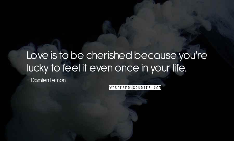 Damien Lemon Quotes: Love is to be cherished because you're lucky to feel it even once in your life.