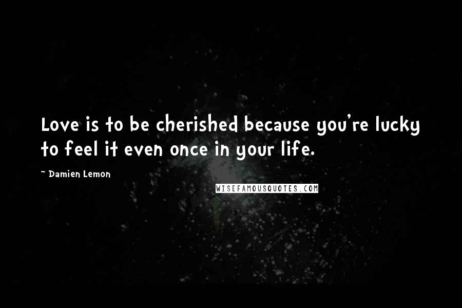 Damien Lemon Quotes: Love is to be cherished because you're lucky to feel it even once in your life.