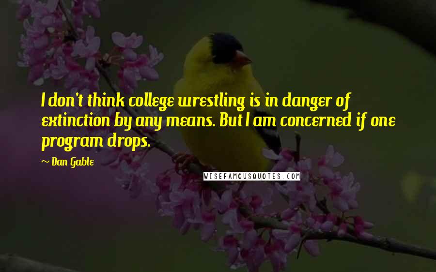 Dan Gable Quotes: I don't think college wrestling is in danger of extinction by any means. But I am concerned if one program drops.