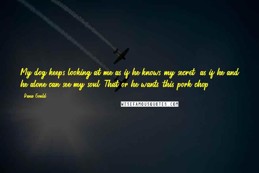 Dana Gould Quotes: My dog keeps looking at me as if he knows my secret, as if he and he alone can see my soul. That or he wants this pork chop.