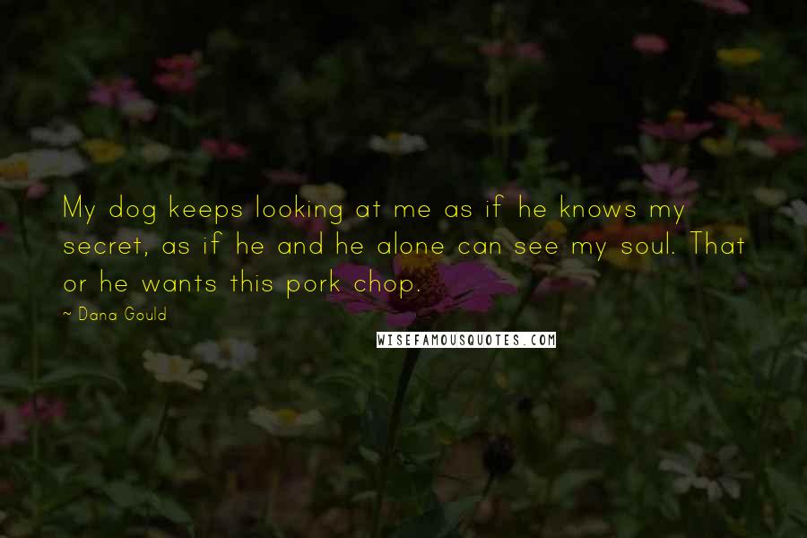 Dana Gould Quotes: My dog keeps looking at me as if he knows my secret, as if he and he alone can see my soul. That or he wants this pork chop.