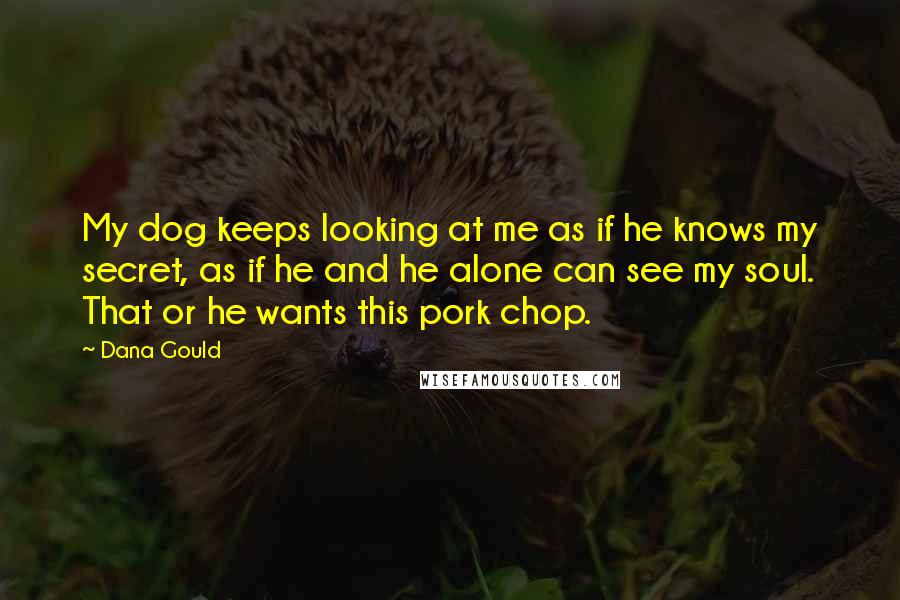 Dana Gould Quotes: My dog keeps looking at me as if he knows my secret, as if he and he alone can see my soul. That or he wants this pork chop.