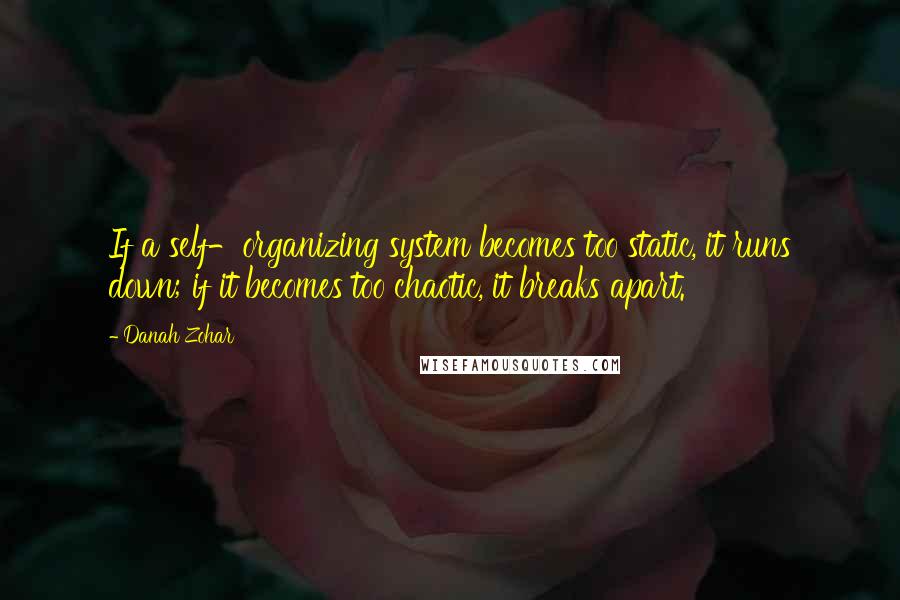 Danah Zohar Quotes: If a self-organizing system becomes too static, it runs down; if it becomes too chaotic, it breaks apart.