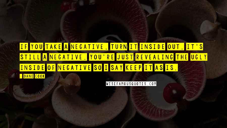 Dane Cook Quotes: If you take a negative, turn it inside out, it's still a negative. You're just revealing the ugly inside of negative so I say keep it as is.