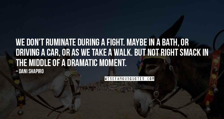 Dani Shapiro Quotes: We don't ruminate during a fight. Maybe in a bath, or driving a car, or as we take a walk. But not right smack in the middle of a dramatic moment.