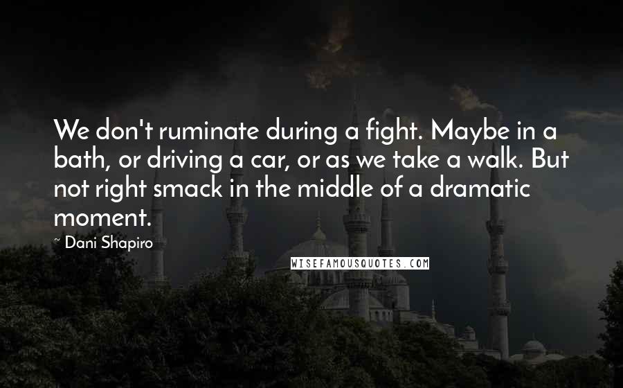 Dani Shapiro Quotes: We don't ruminate during a fight. Maybe in a bath, or driving a car, or as we take a walk. But not right smack in the middle of a dramatic moment.