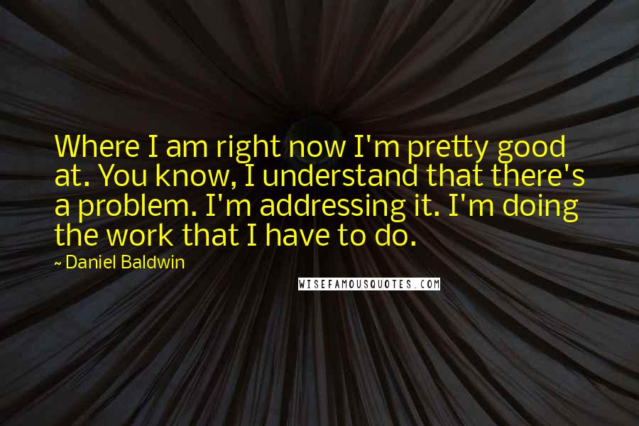 Daniel Baldwin Quotes: Where I am right now I'm pretty good at. You know, I understand that there's a problem. I'm addressing it. I'm doing the work that I have to do.