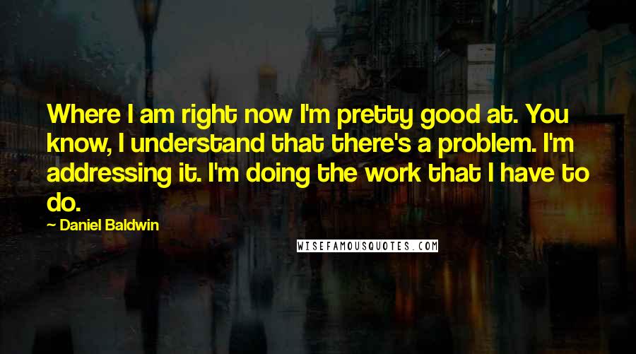 Daniel Baldwin Quotes: Where I am right now I'm pretty good at. You know, I understand that there's a problem. I'm addressing it. I'm doing the work that I have to do.