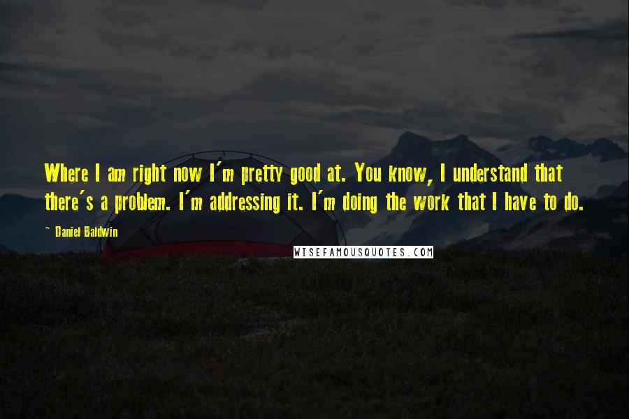 Daniel Baldwin Quotes: Where I am right now I'm pretty good at. You know, I understand that there's a problem. I'm addressing it. I'm doing the work that I have to do.