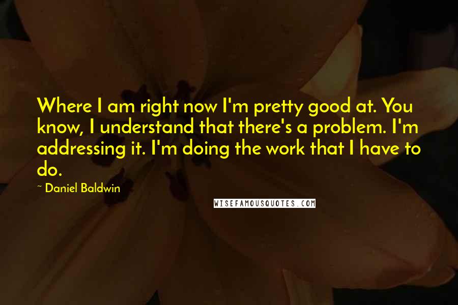 Daniel Baldwin Quotes: Where I am right now I'm pretty good at. You know, I understand that there's a problem. I'm addressing it. I'm doing the work that I have to do.