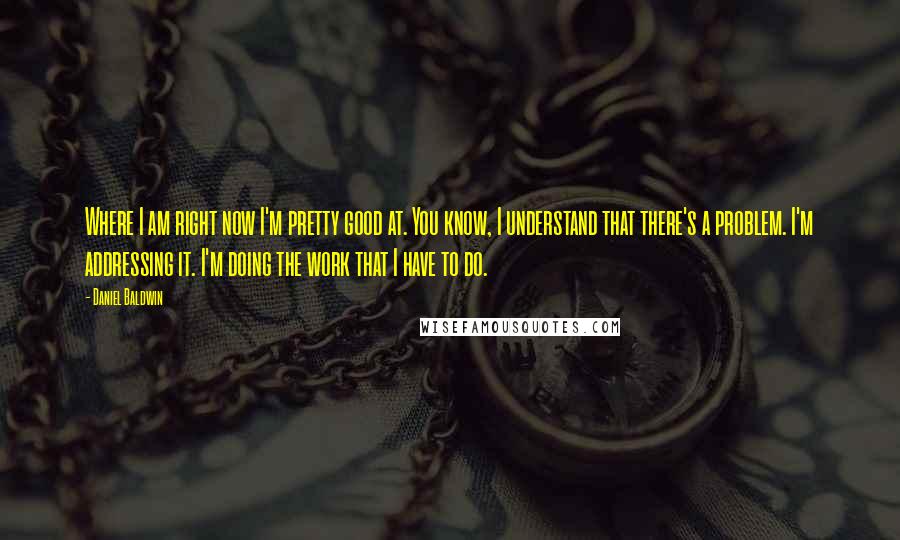 Daniel Baldwin Quotes: Where I am right now I'm pretty good at. You know, I understand that there's a problem. I'm addressing it. I'm doing the work that I have to do.