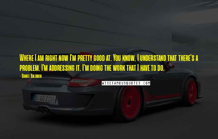 Daniel Baldwin Quotes: Where I am right now I'm pretty good at. You know, I understand that there's a problem. I'm addressing it. I'm doing the work that I have to do.