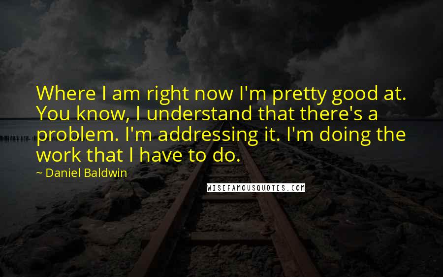 Daniel Baldwin Quotes: Where I am right now I'm pretty good at. You know, I understand that there's a problem. I'm addressing it. I'm doing the work that I have to do.