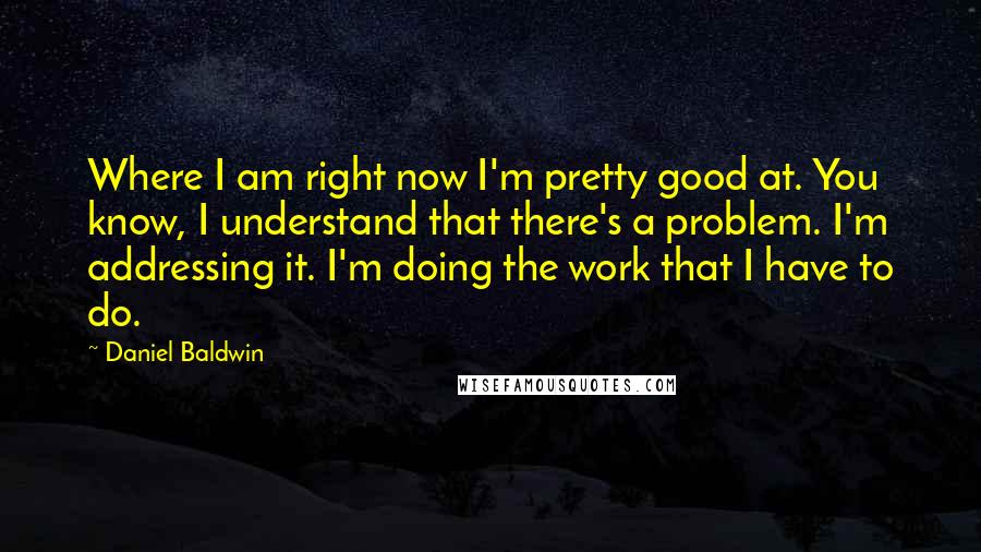 Daniel Baldwin Quotes: Where I am right now I'm pretty good at. You know, I understand that there's a problem. I'm addressing it. I'm doing the work that I have to do.