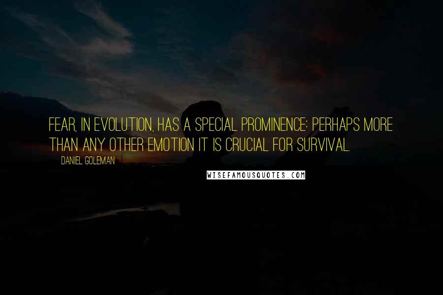 Daniel Goleman Quotes: Fear, in evolution, has a special prominence: perhaps more than any other emotion it is crucial for survival.