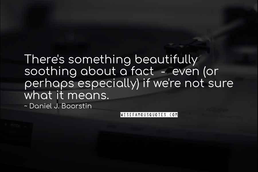 Daniel J. Boorstin Quotes: There's something beautifully soothing about a fact  -  even (or perhaps especially) if we're not sure what it means.