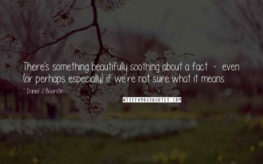 Daniel J. Boorstin Quotes: There's something beautifully soothing about a fact  -  even (or perhaps especially) if we're not sure what it means.