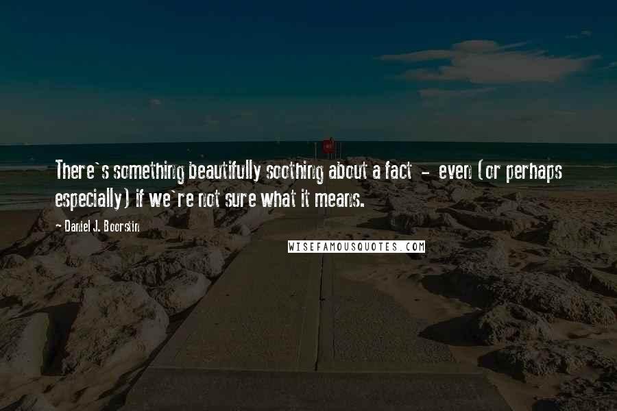 Daniel J. Boorstin Quotes: There's something beautifully soothing about a fact  -  even (or perhaps especially) if we're not sure what it means.