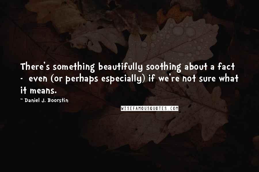 Daniel J. Boorstin Quotes: There's something beautifully soothing about a fact  -  even (or perhaps especially) if we're not sure what it means.