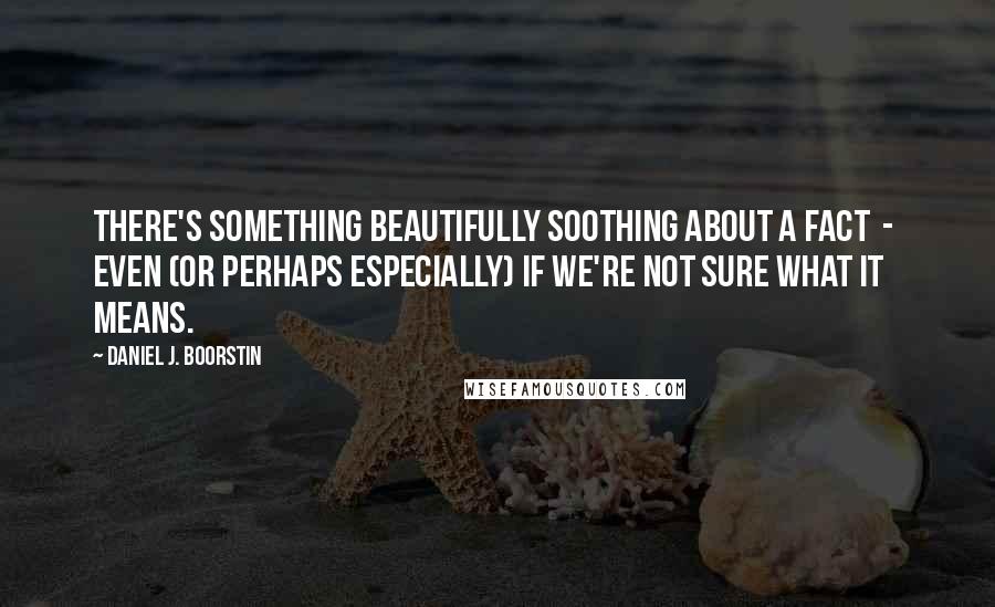 Daniel J. Boorstin Quotes: There's something beautifully soothing about a fact  -  even (or perhaps especially) if we're not sure what it means.