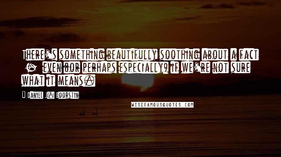 Daniel J. Boorstin Quotes: There's something beautifully soothing about a fact  -  even (or perhaps especially) if we're not sure what it means.