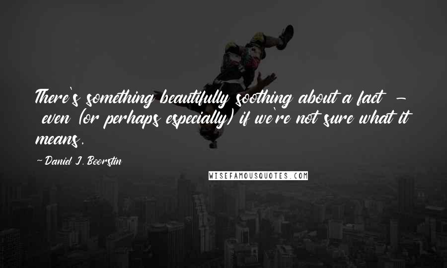 Daniel J. Boorstin Quotes: There's something beautifully soothing about a fact  -  even (or perhaps especially) if we're not sure what it means.