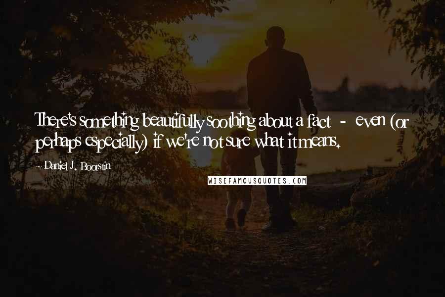 Daniel J. Boorstin Quotes: There's something beautifully soothing about a fact  -  even (or perhaps especially) if we're not sure what it means.